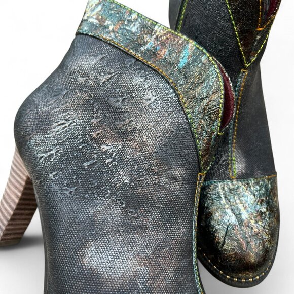 L'ARTISTE SPRING STEP Eleni Black Metallic Embossed Leather Bootie size 37EU - Picture 10 of 13